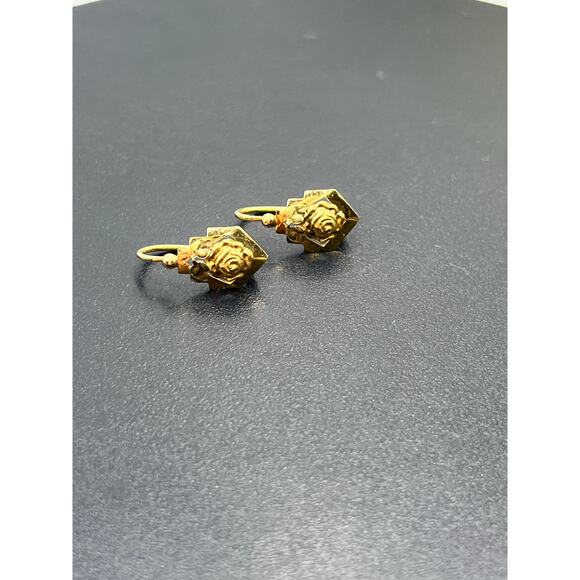 Designer Signed Vintage 18k Yellow Gold Flower Floral Dangle Drop Hook Earrings - Picture 12 of 15